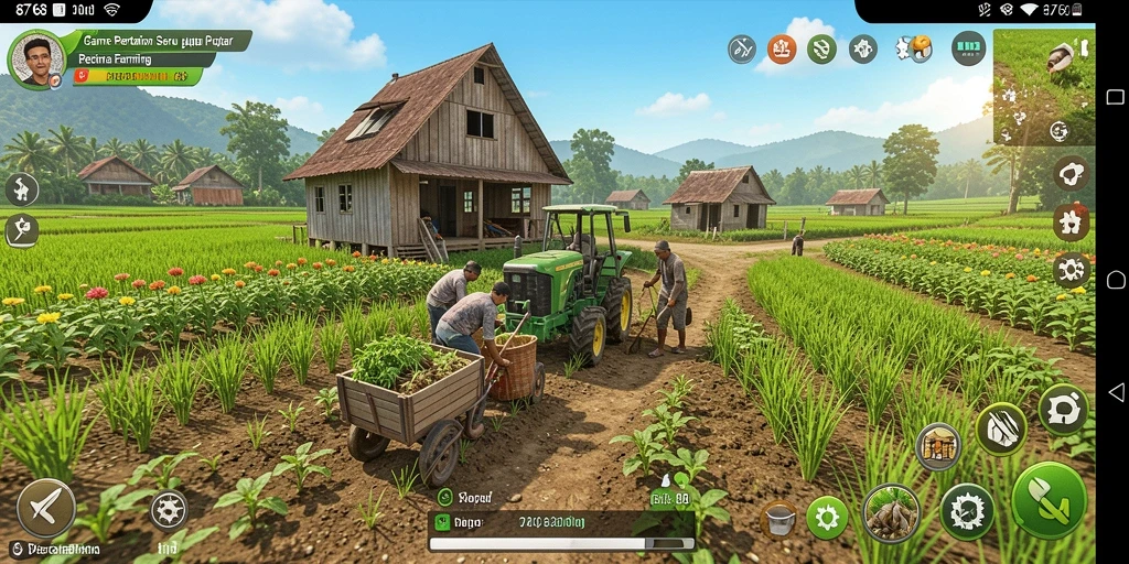 Screenshot gameplay 8768 menunjukkan ladang pertanian yang subur dan aktivitas seru.