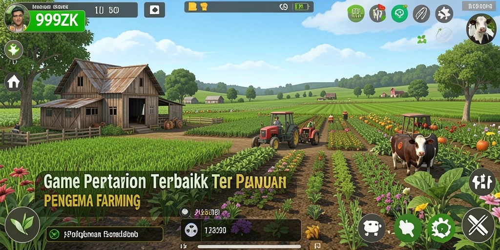 Tampilan utama gameplay <strong>999ZK</strong> menunjukkan kebun yang subur dan hewan ternak.