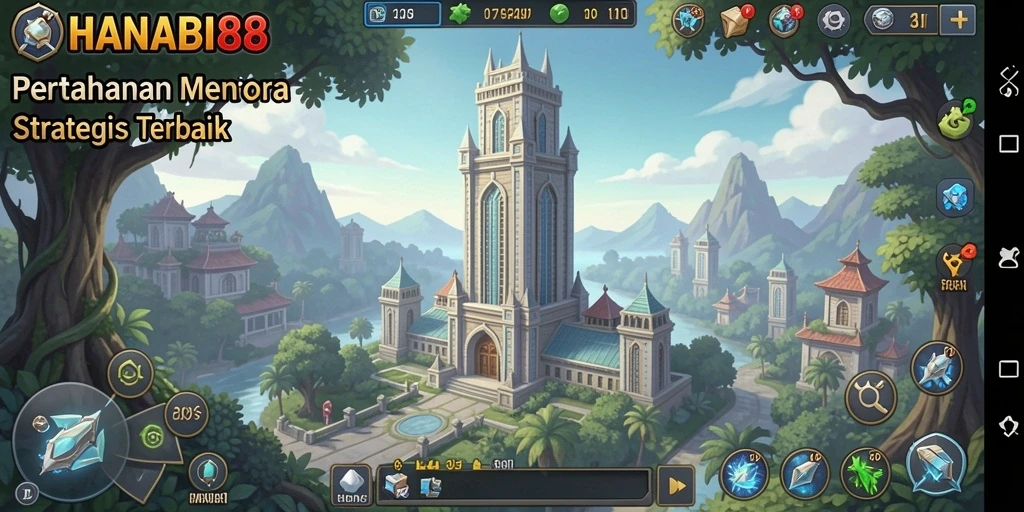 Tangkapan layar gameplay <strong>HANABI88</strong> yang memperlihatkan menara dan musuh strategis.