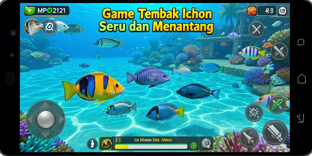 Screenshot MPO2121 menampilkan aksi seru menembak ikan.