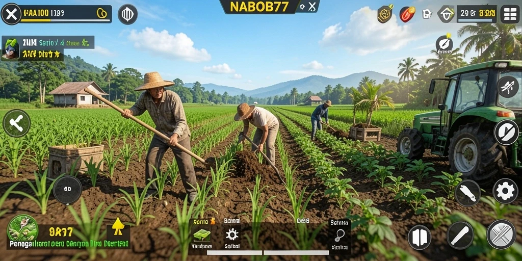 Tampilan gameplay NABOB77 dengan ladang hijau dan tanaman beragam.