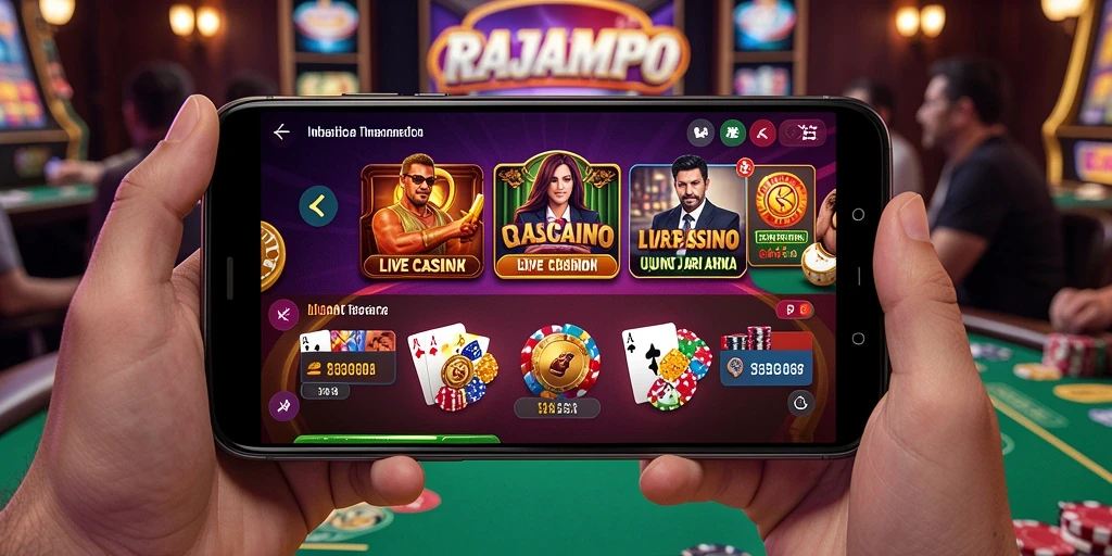 Screenshot gameplay RAJAMPO menampilkan dealer dan pemain dalam suasana kasino nyata.